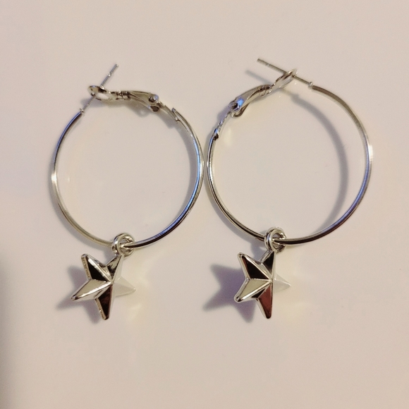 Silver star charm loops earrings